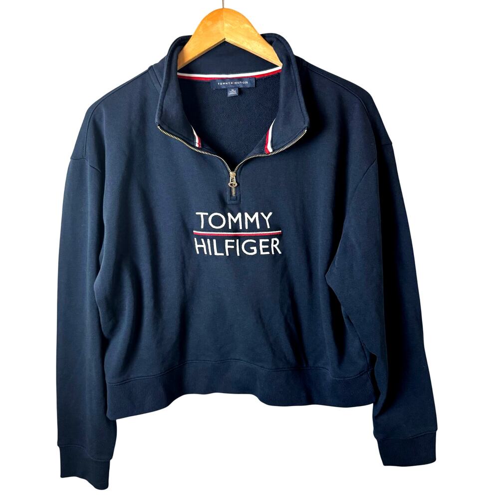 Tommy Hilfiger Sweatshirt Womens XL Navy Blue Spellout 1/4 Zip Mock Neck Preppy - Picture 3 of 10